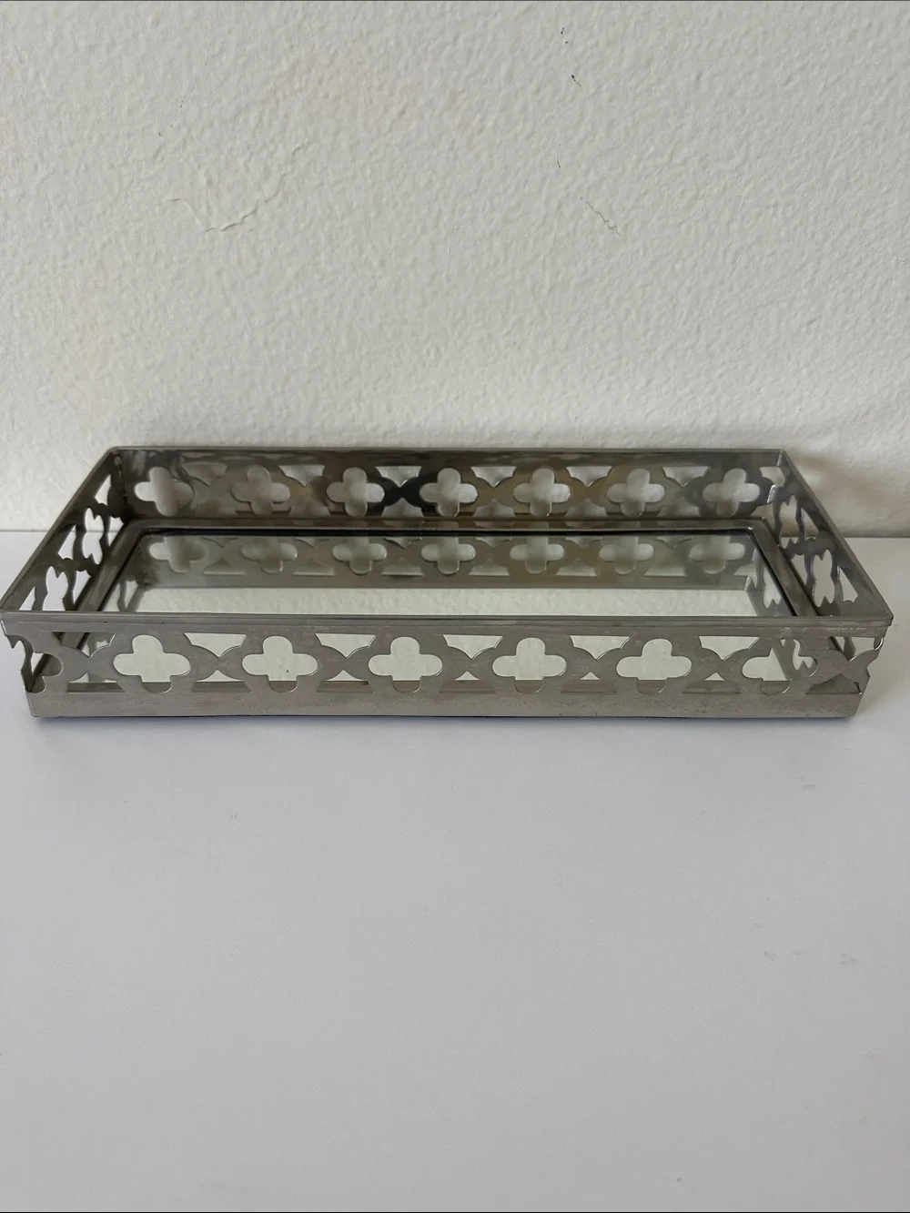 Mirrored Silver Metal Vanity Tray with Decorative Cutouts